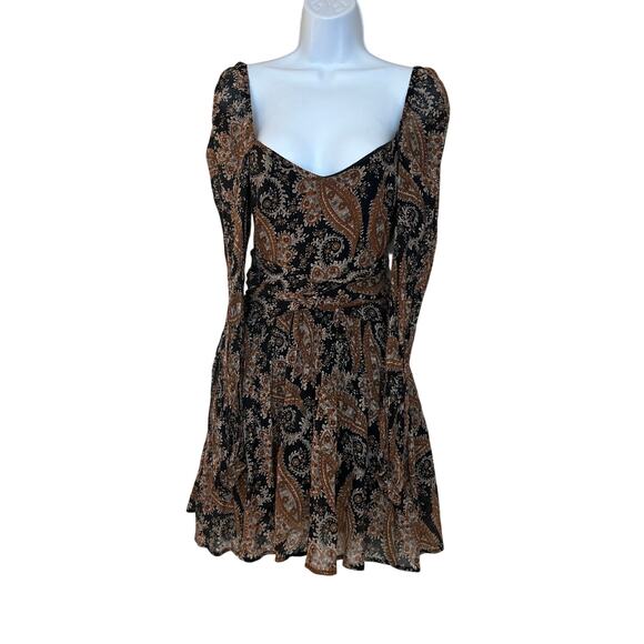 MinkPink Brown Paisley Fit Flare Mini Dress SMALL Ruched Boho Cotton Western - Picture 6 of 10